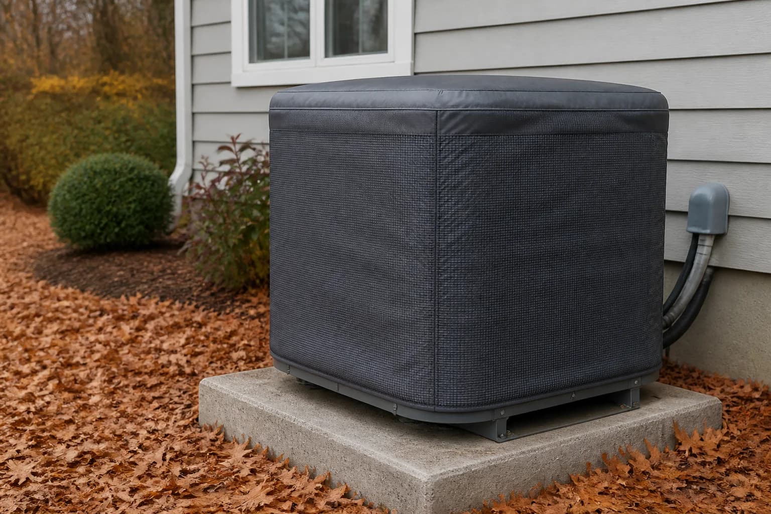 Outdoor air conditioning condenser prepared for winter in New Jersey