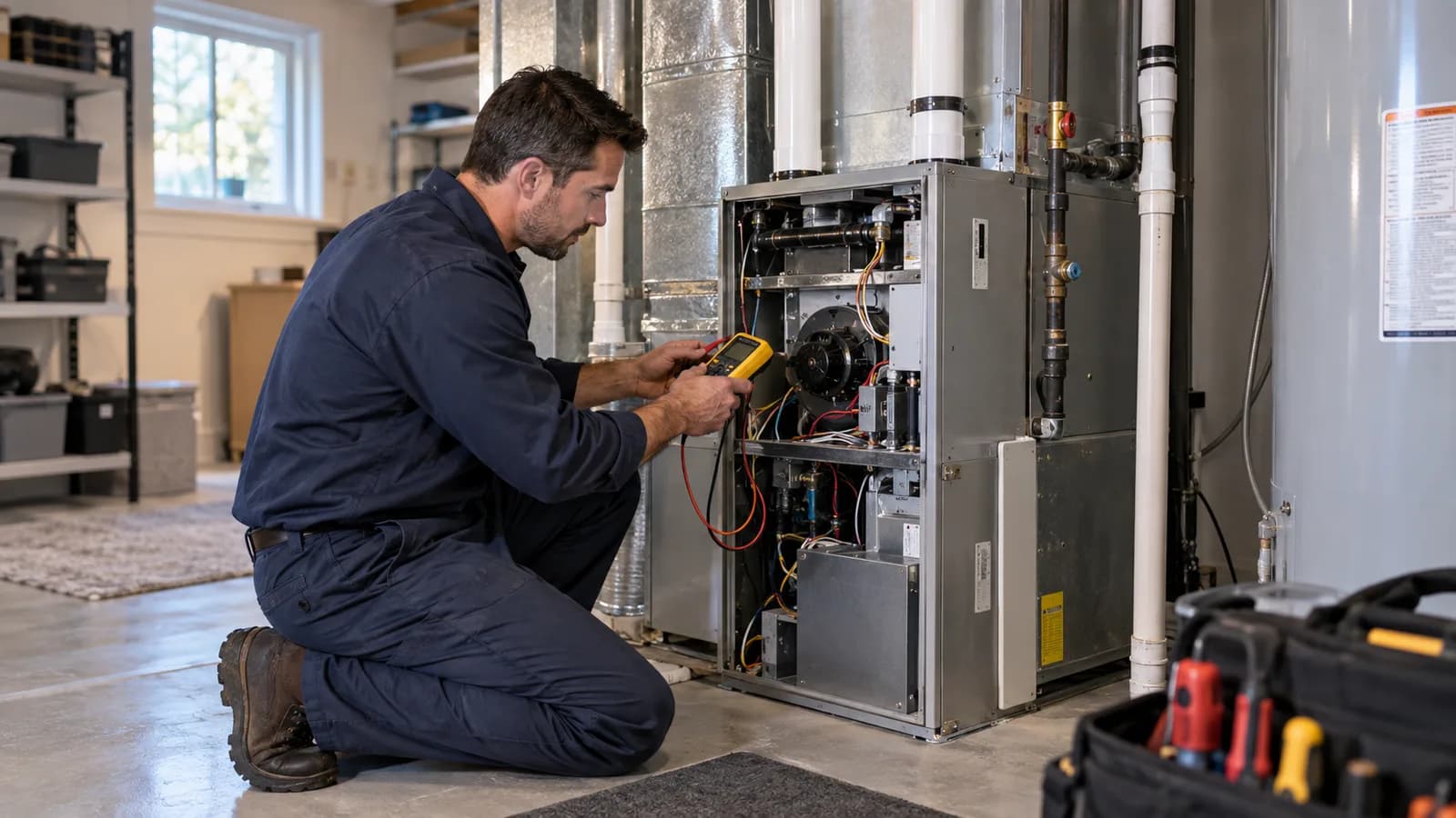 HVAC technician checking electrical components inside a residential gas furnace during preseason maintenance