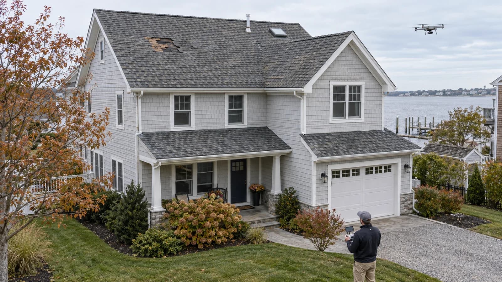 Roof inspector using a drone to evaluate localized damage and broader wear on a coastal New Jersey asphalt-shingle roof