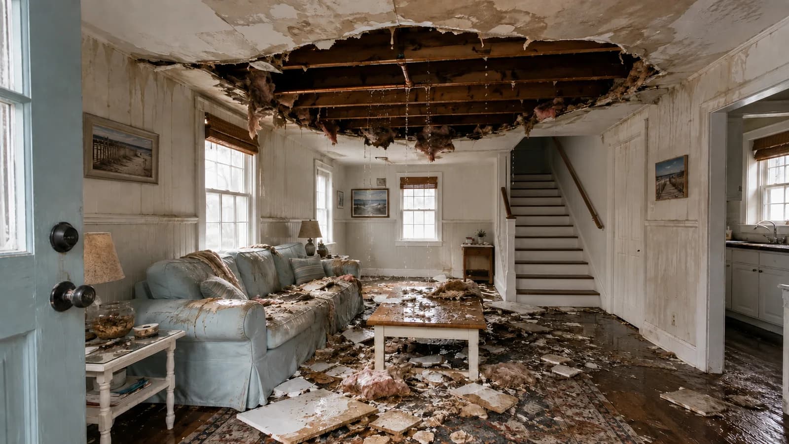 Illustration of burst-pipe damage between floors in a small beach house, with a collapsed first-floor ceiling, soaked furniture, and wet debris