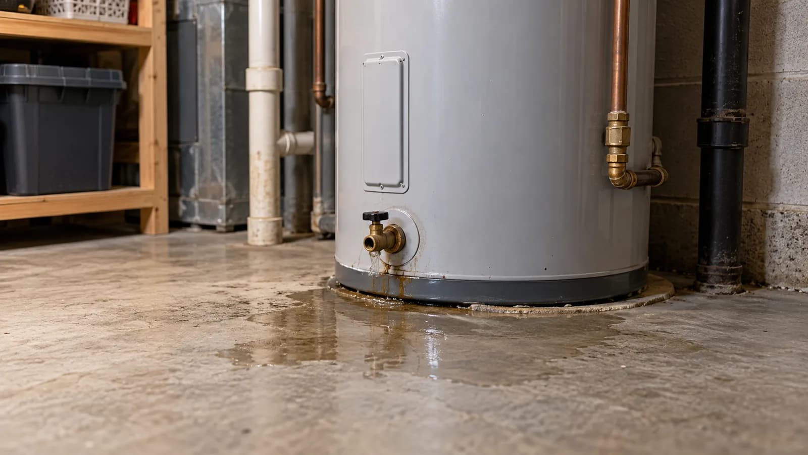 Illustrative storage water heater with water pooled near its lower drain valve in a utility room