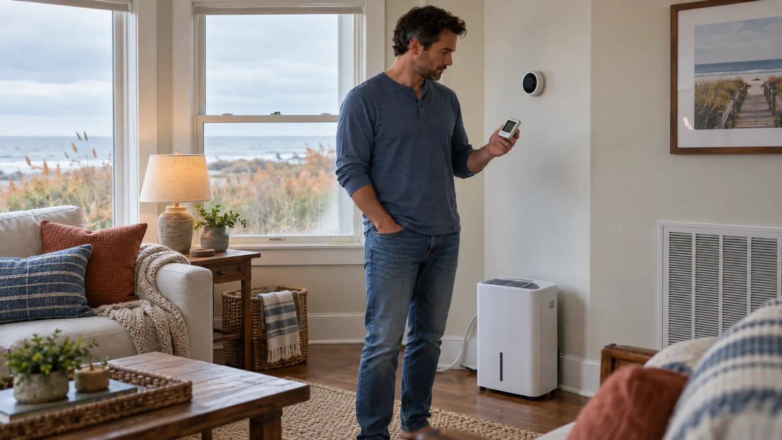 New Jersey homeowner checking a humidity meter beside a thermostat and dehumidifier on a damp fall day