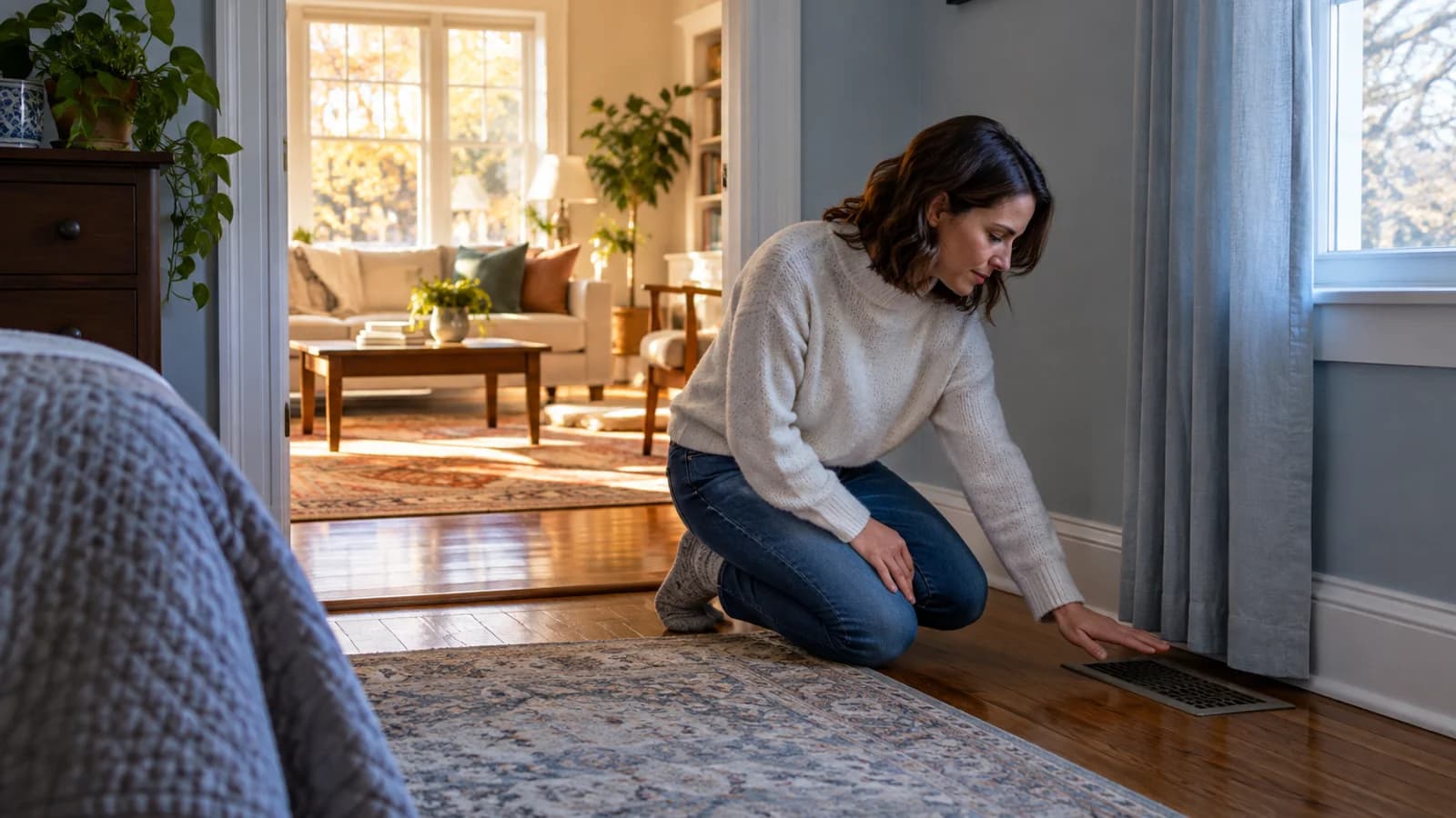 Homeowner checking a floor heating register in a cooler room while an adjoining room is sunlit
