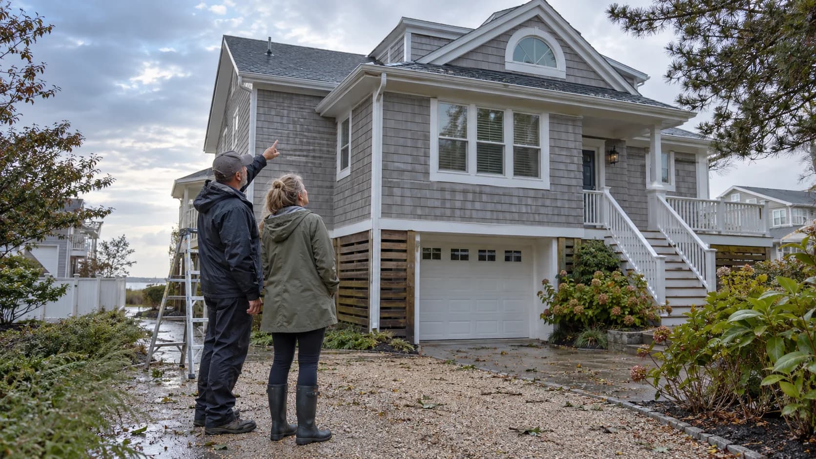 Homeowner and roof professional checking a raised New Jersey Shore home from the ground after a nor'easter