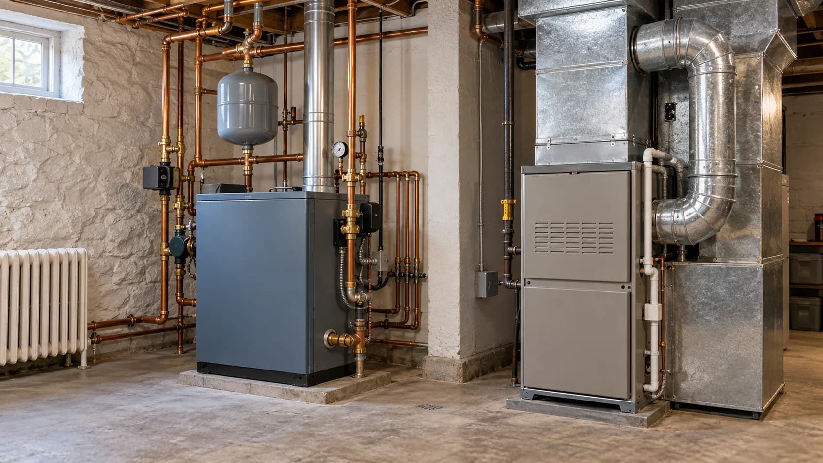 Residential boiler with hydronic pipes beside a forced-air furnace and ductwork for comparison
