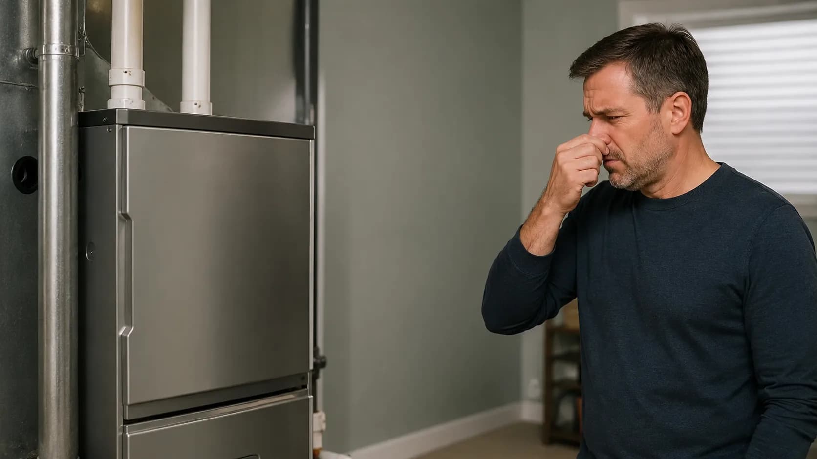 Homeowner reacting to an unusual smell from a residential furnace