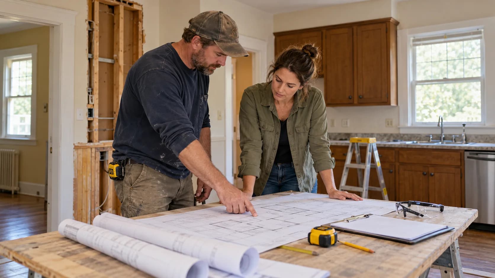 Homeowner and contractor reviewing renovation plans beside an opened wall before work begins