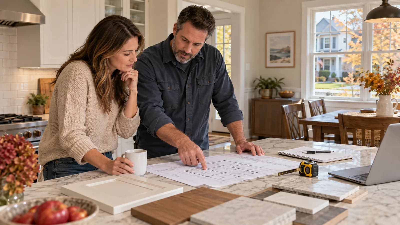 Homeowner and renovation professional reviewing plans and finish samples in a New Jersey kitchen before construction begins