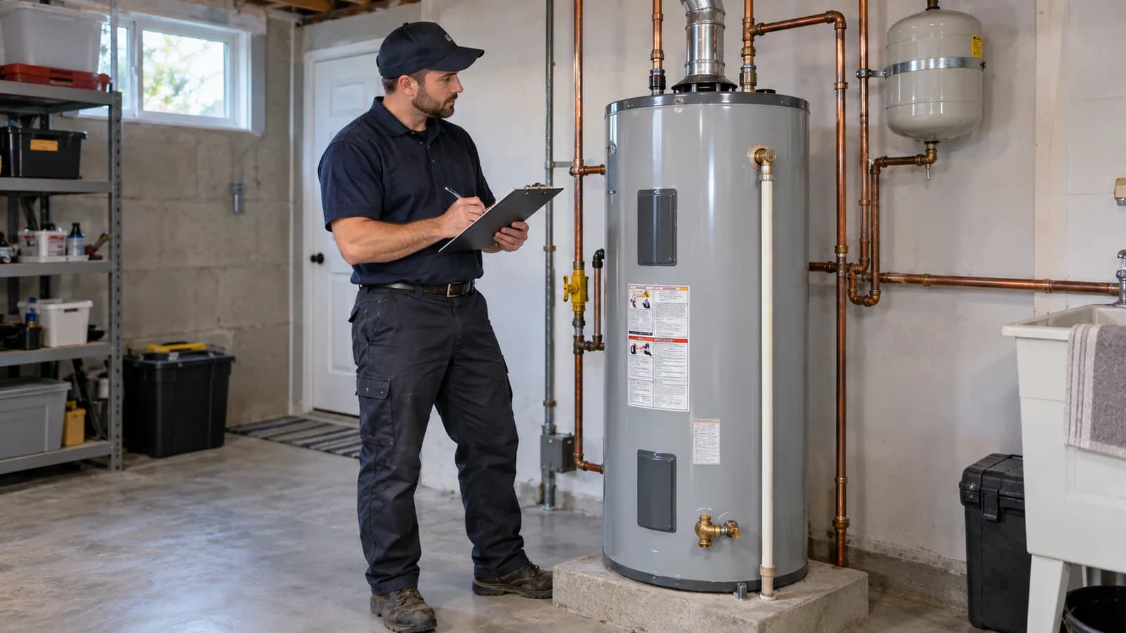 Plumbing technician inspecting a tank-style water heater during maintenance in a New Jersey utility room